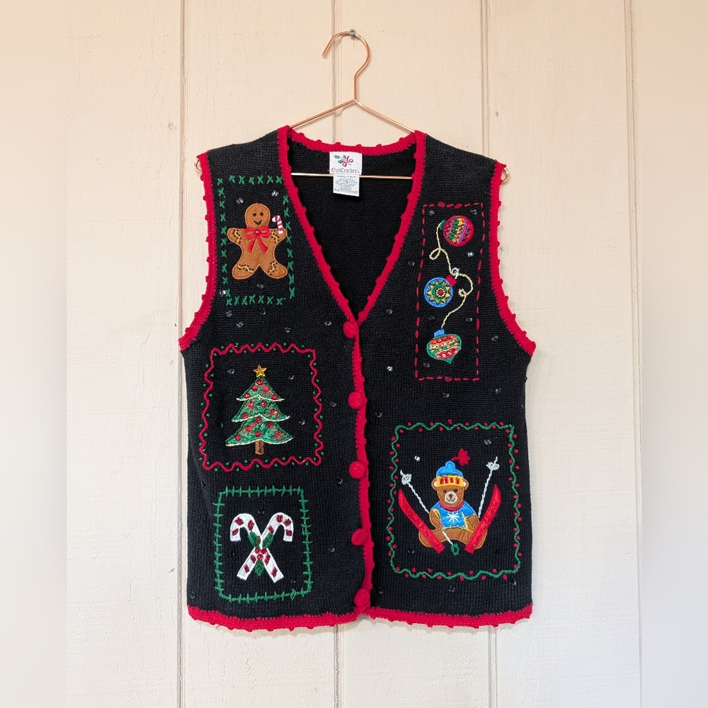 Vintage Embroiderd Ugly Christmas Sweater‎ Vest Gingerbread Teacher 90s Knit